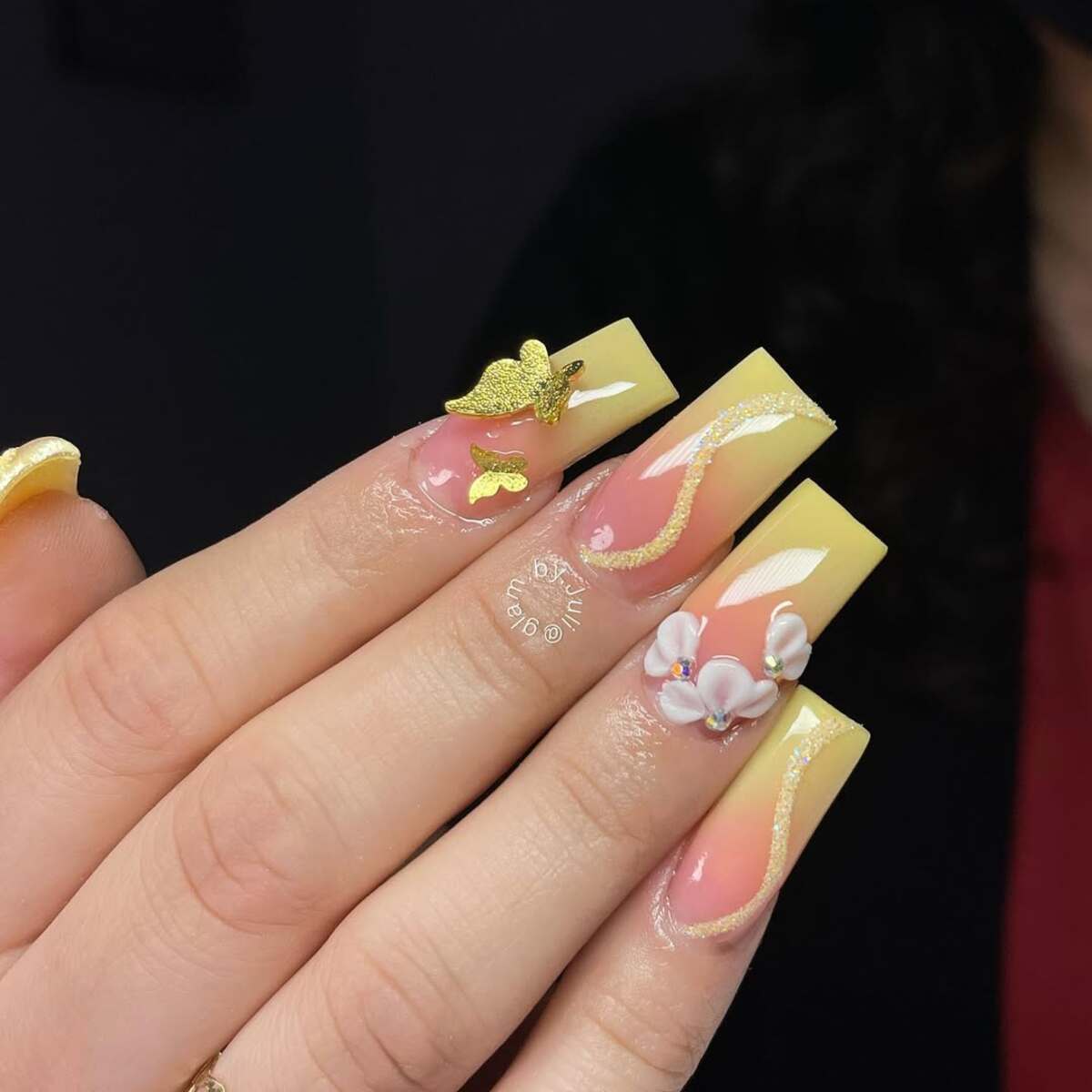 3. Golden Yellow French Tips with 3D Florals and Butterflies