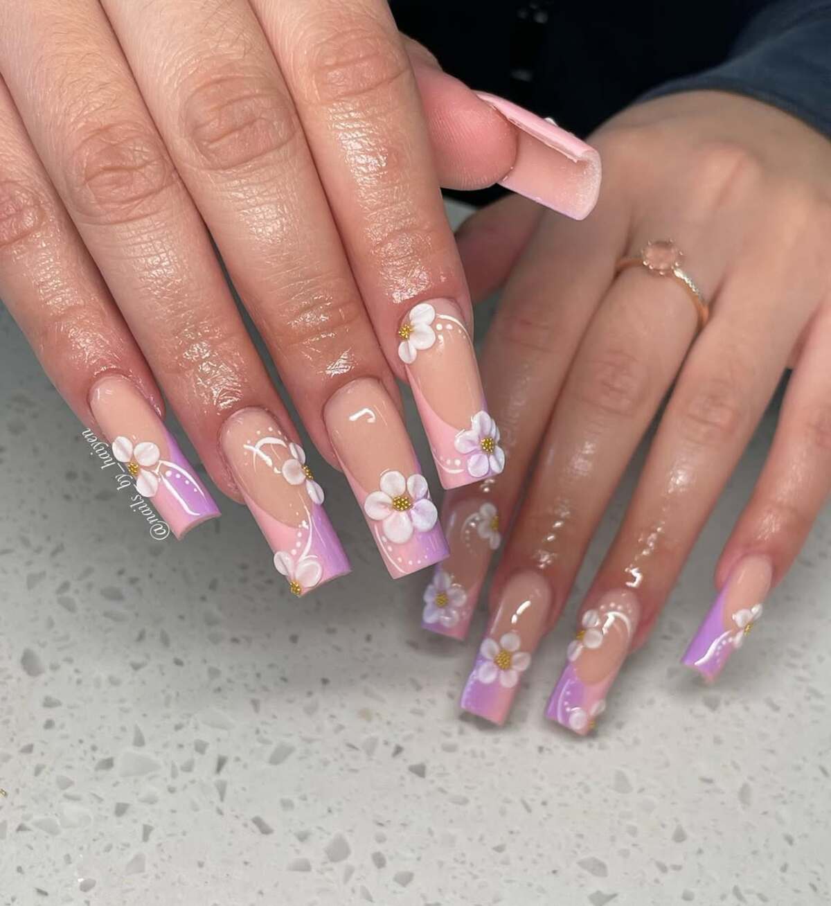 4. Lavender and Pink French Tips with 3D Floral Details