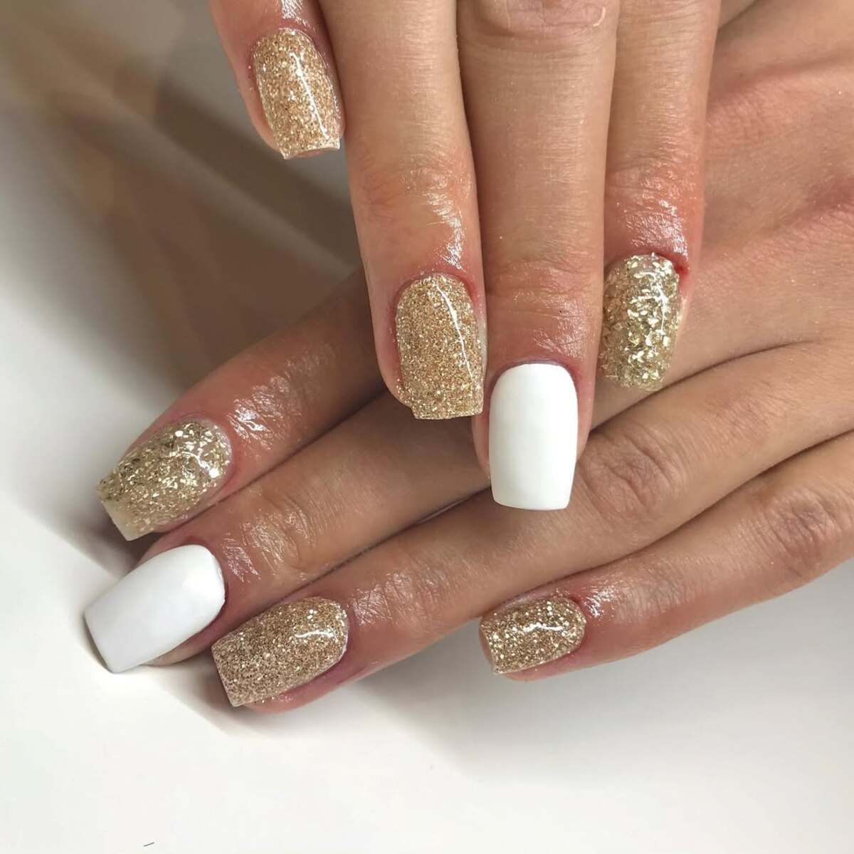 3. Chunky Gold Glitter and Crisp White Contrast