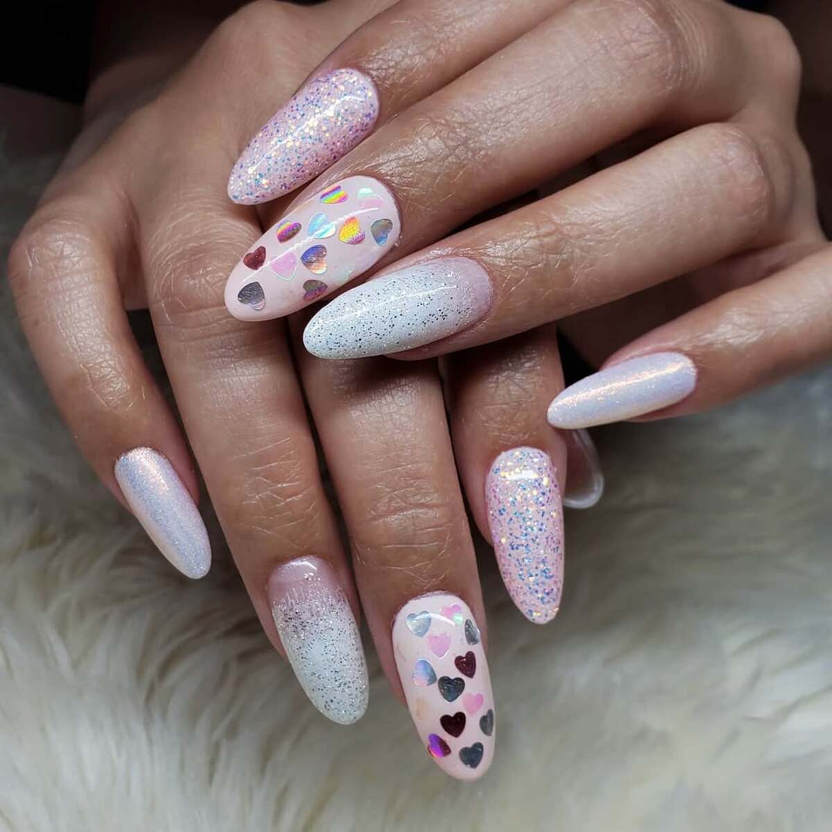 24. Iridescent Heart Mix on Soft White Nails