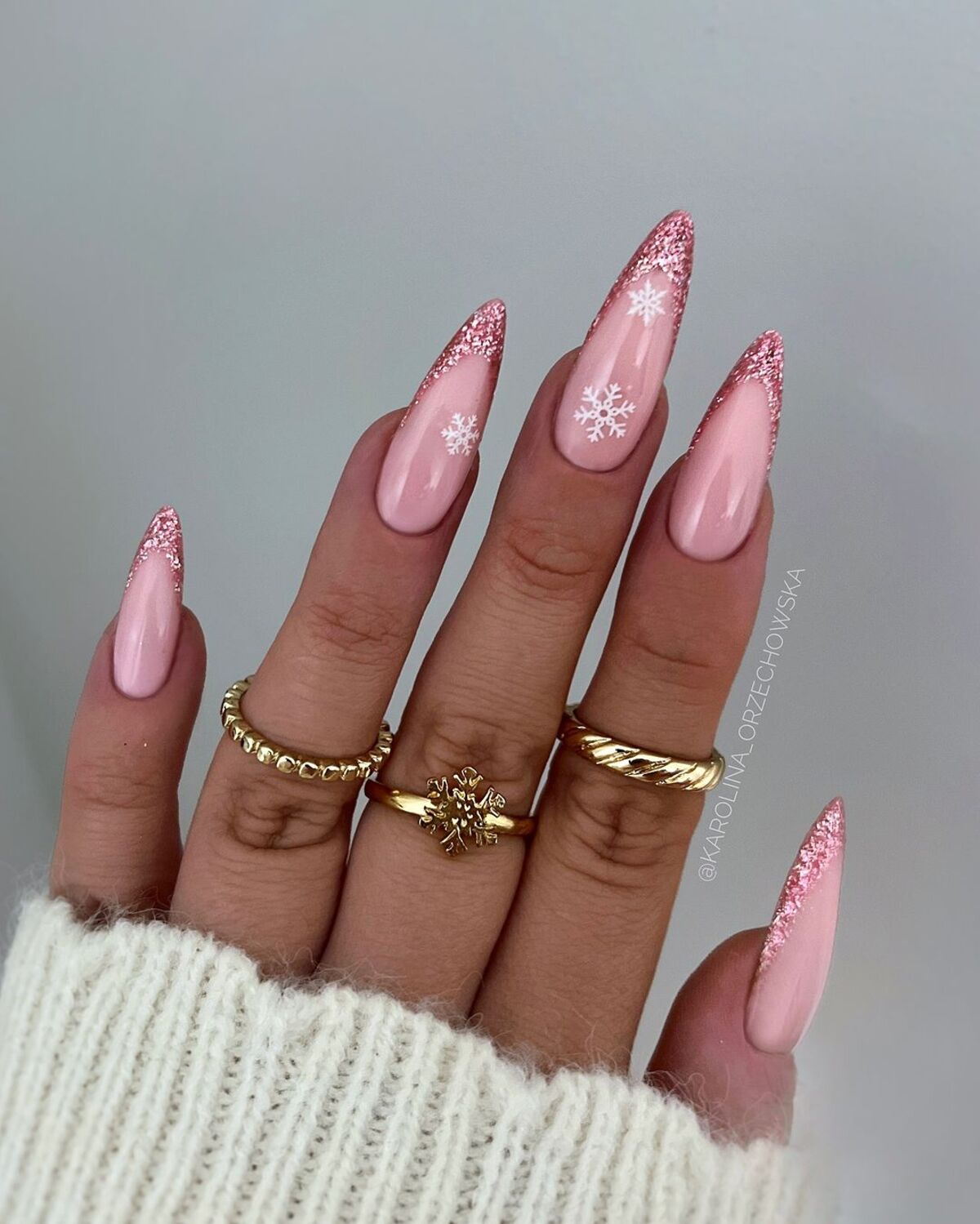 7. Blush Pink Glitter French with Snowflakes