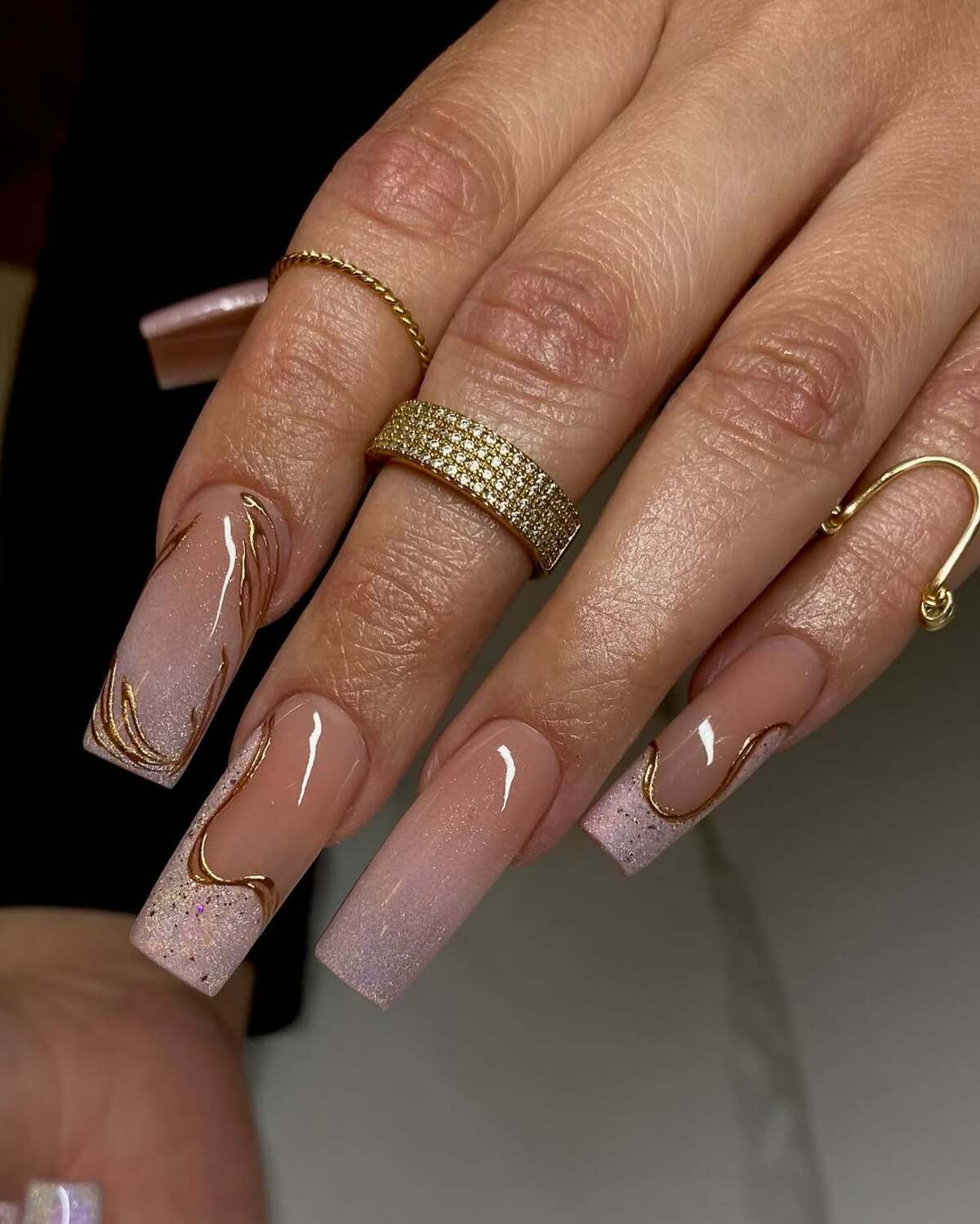 24. Nude Ombré with Gold Wave Accents