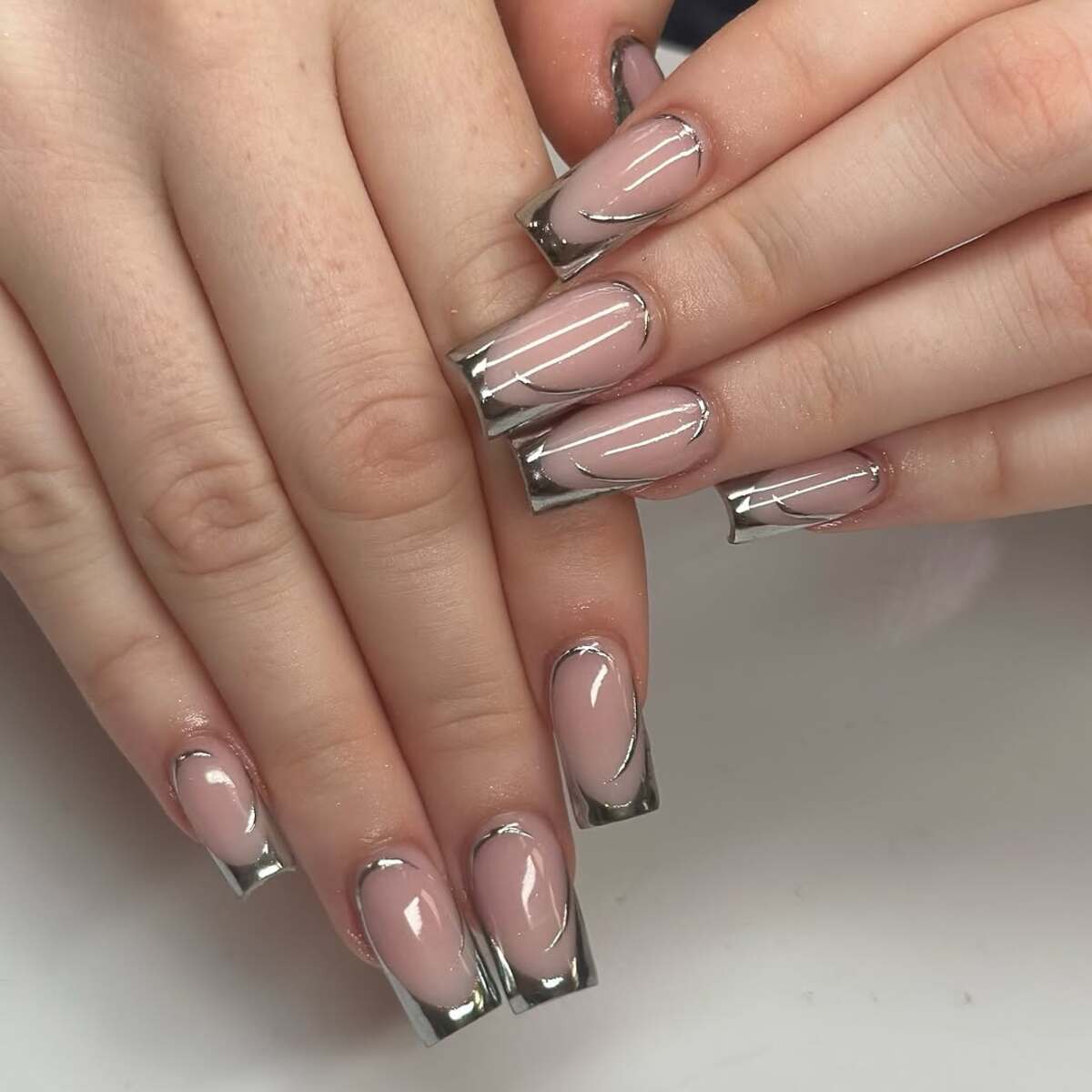 16. Classic French Tips with Metallic Edges