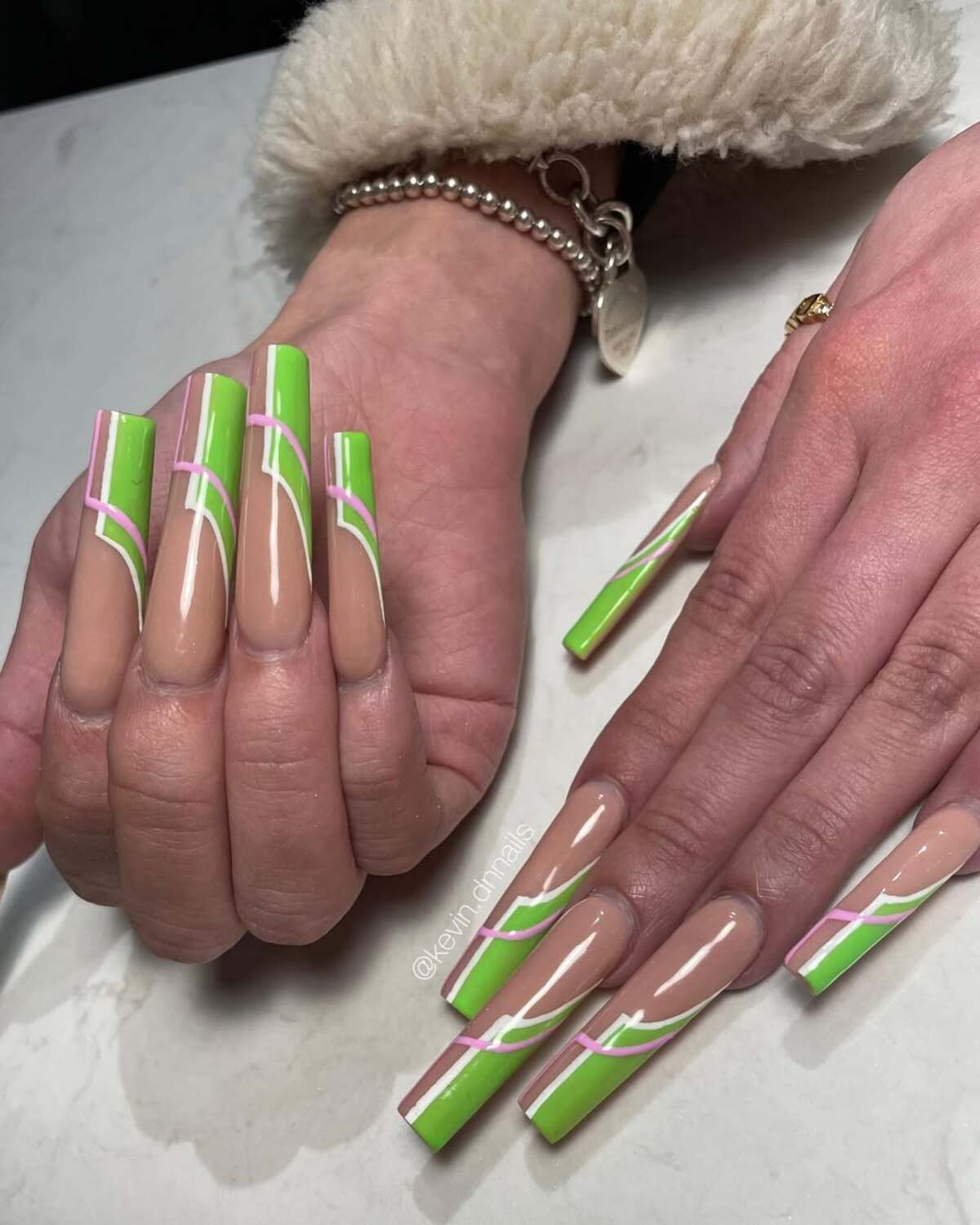 16. Neon Green French Tips with Abstract Lines