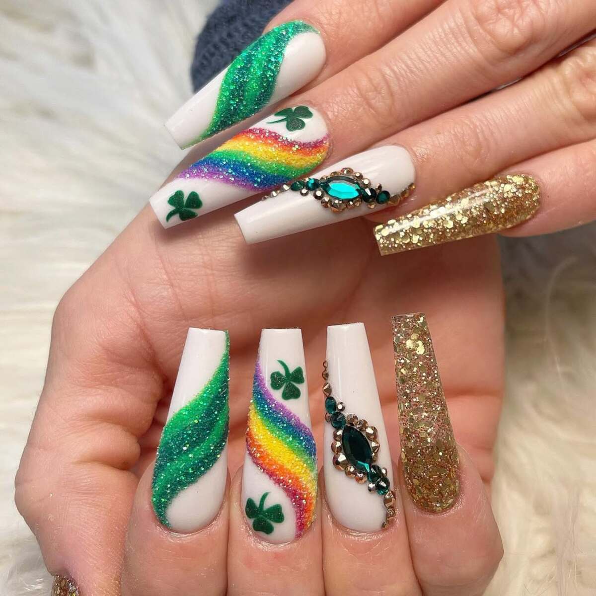 9. Rainbow and Clover Nail Art