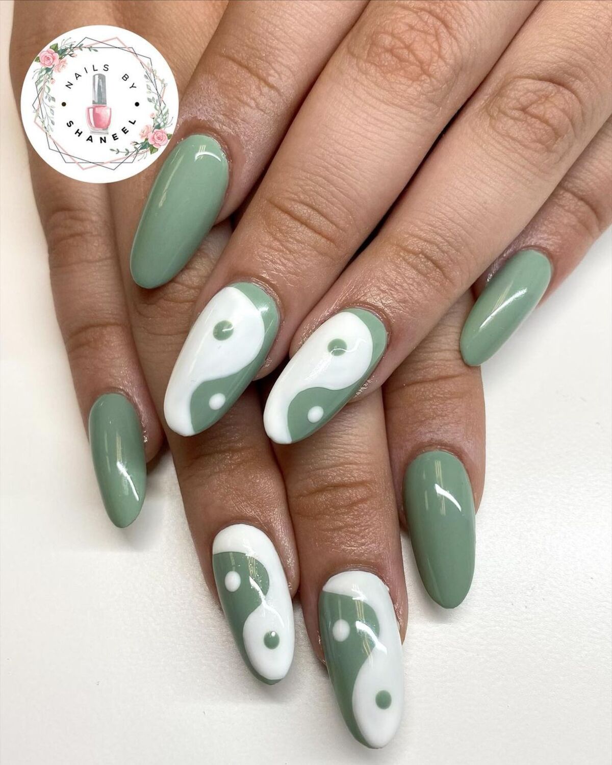 16. Sage Green Yin-Yang Nails