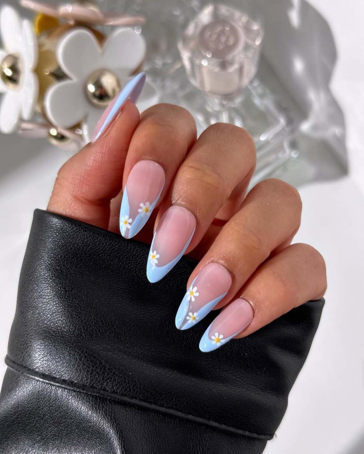 10. Blue French Tips with Classic Daisy Embellishments