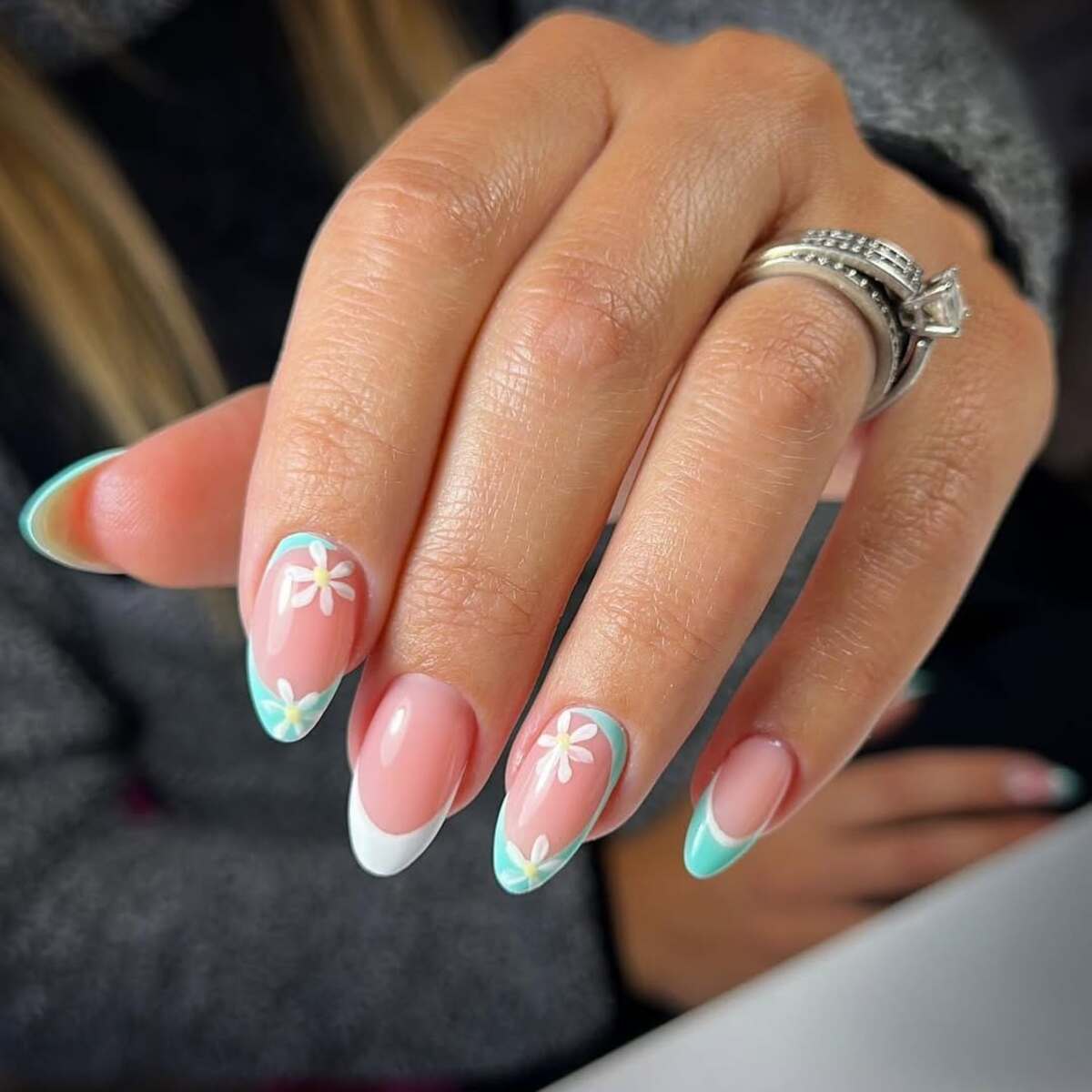 13. Aqua and White French Tips with Floral Elegance