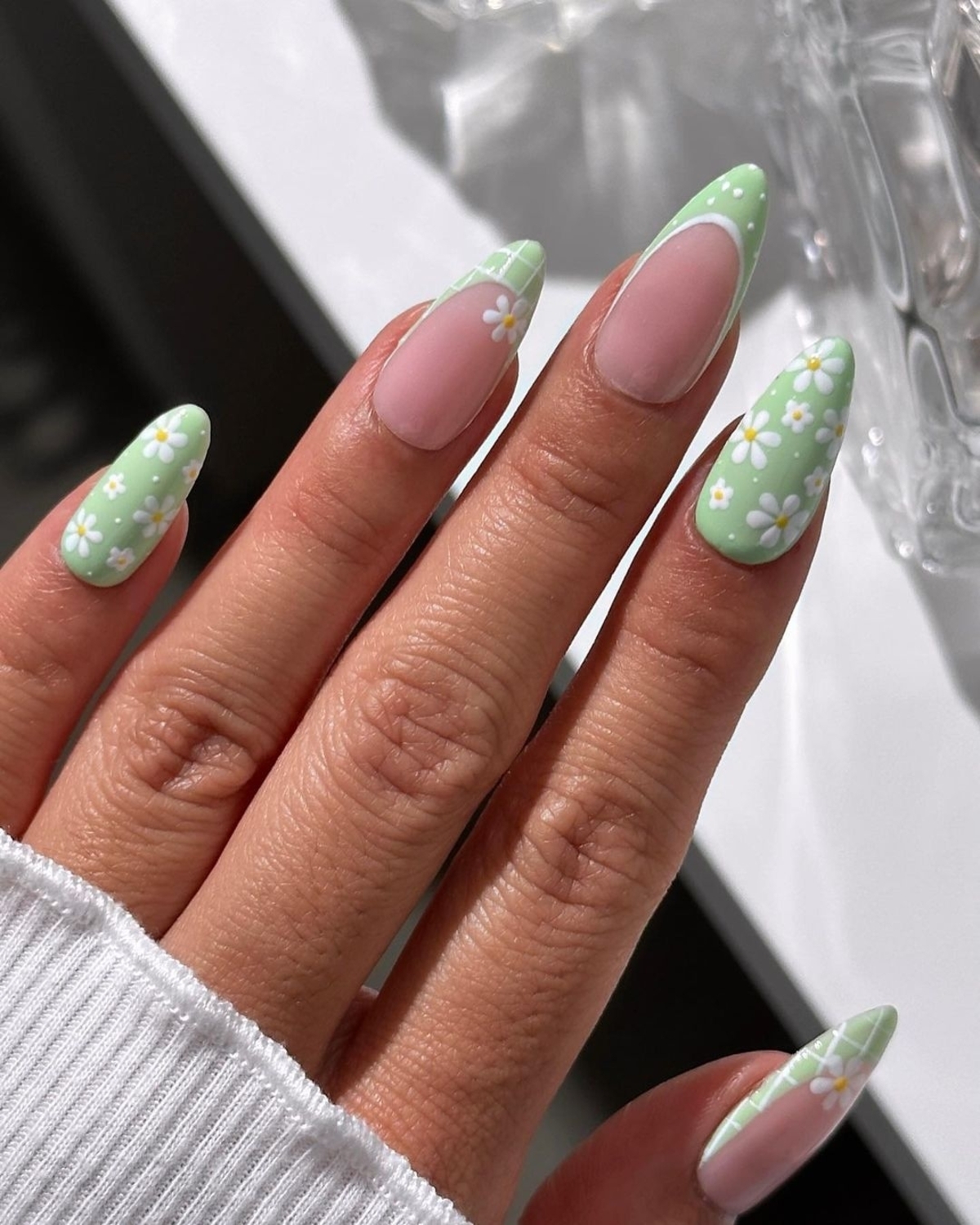 15. Mint Green Nails with Daisy Patterns and Plaid Details