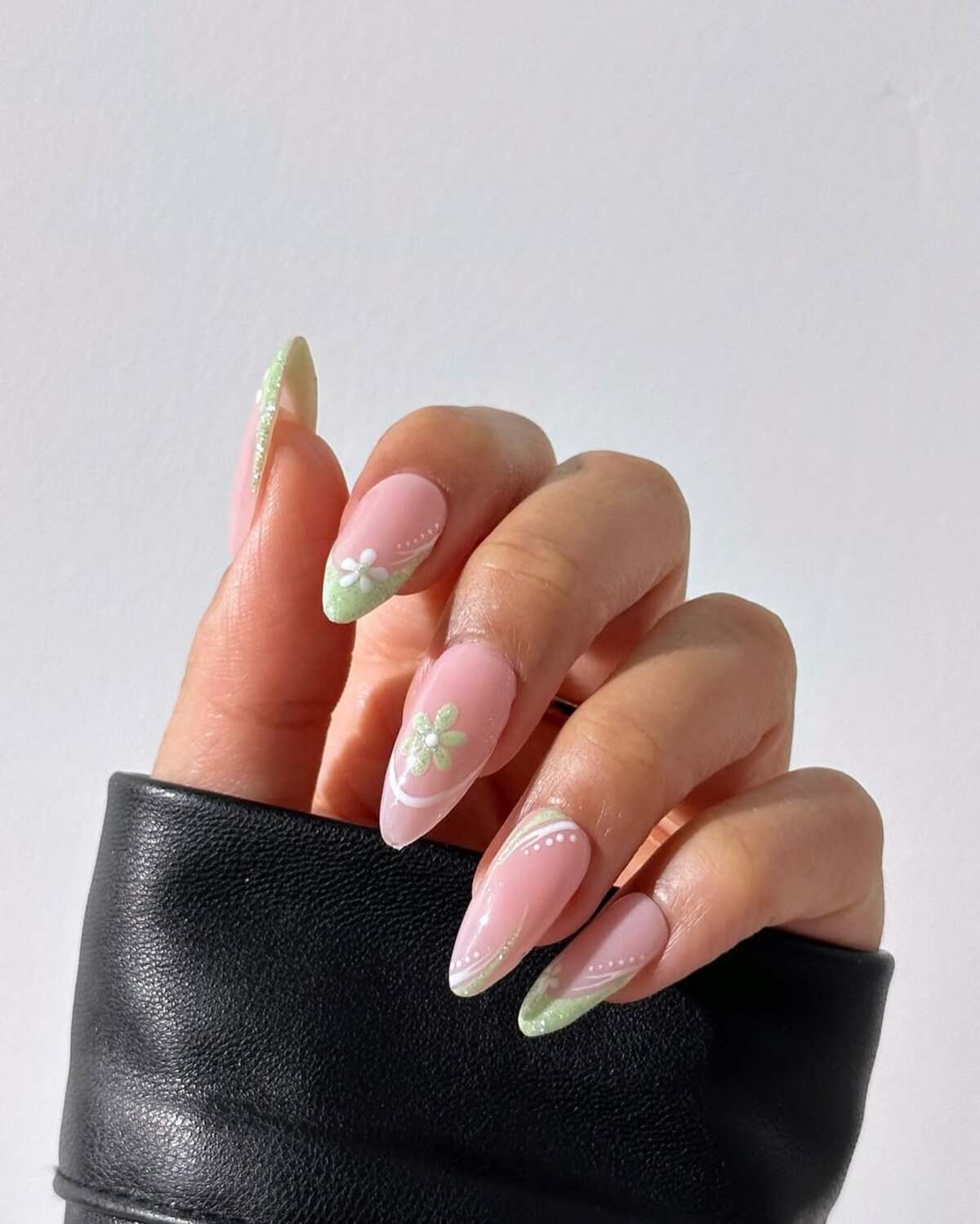 26. Mint Green French Tips with Intricate Floral Art