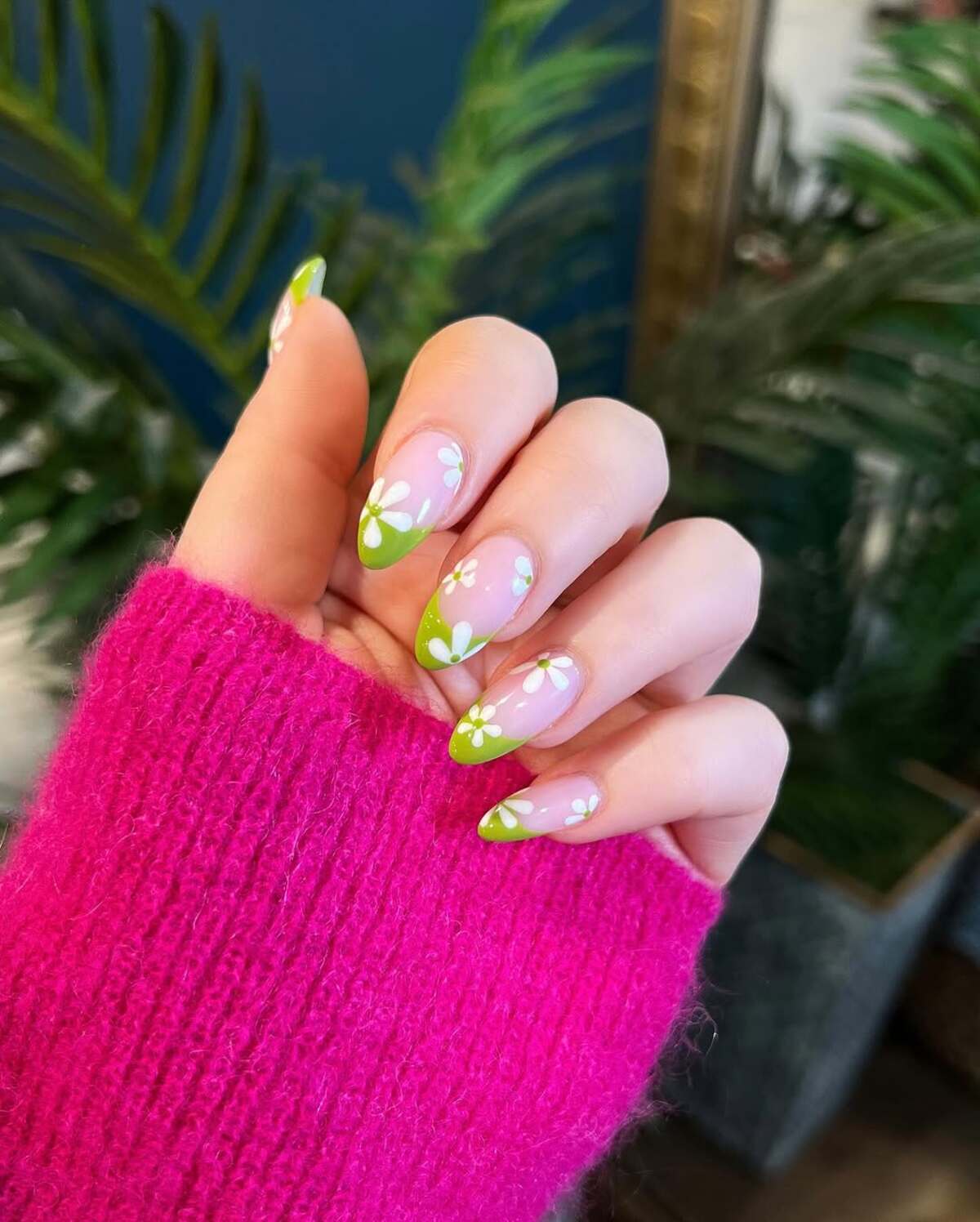 7. Fresh Green French Tips with Bold White Daisies