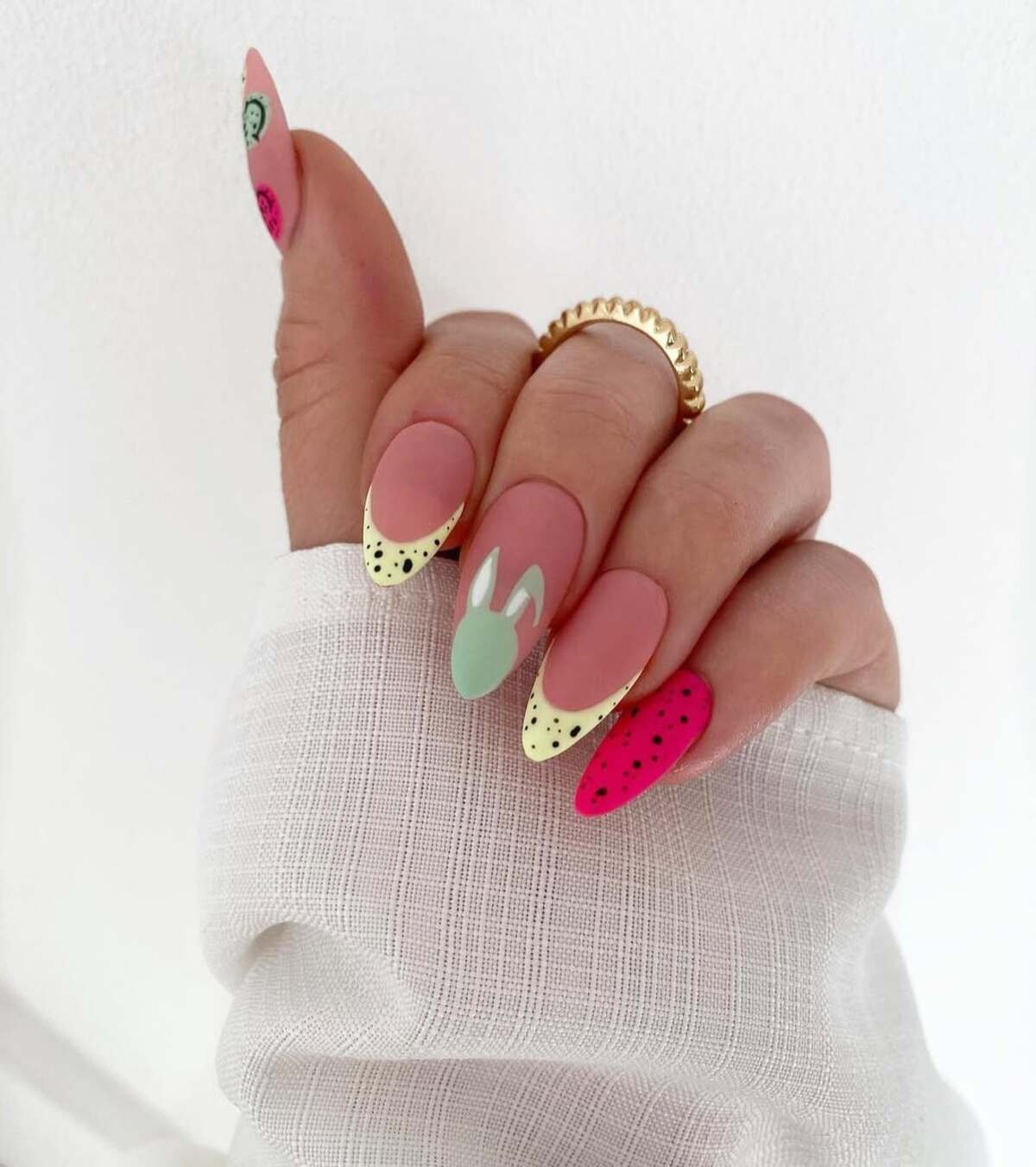 24. Creative Bunny-Tipped Watermelon Nails