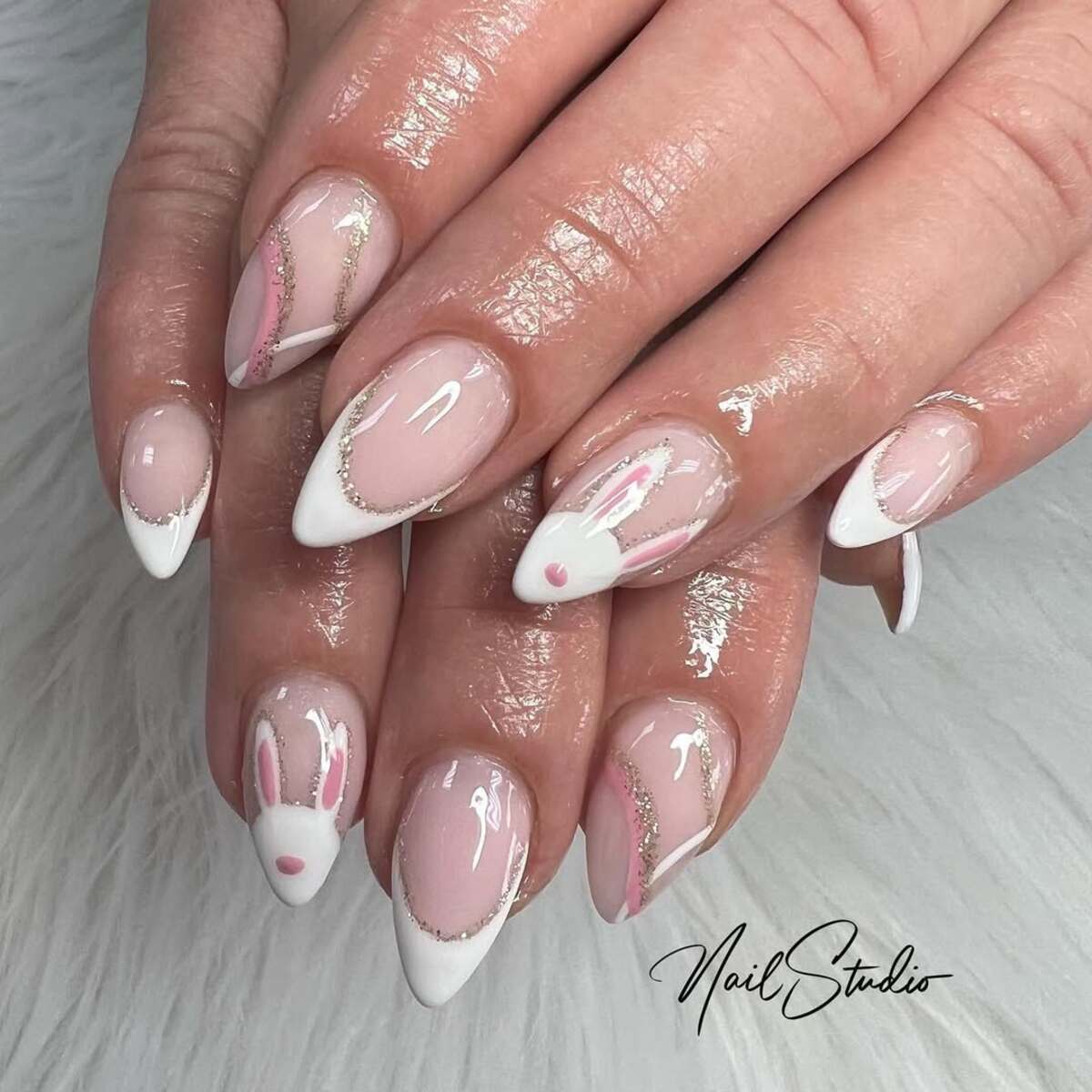 3. Elegant Bunny French Tips with Sparkling Accents