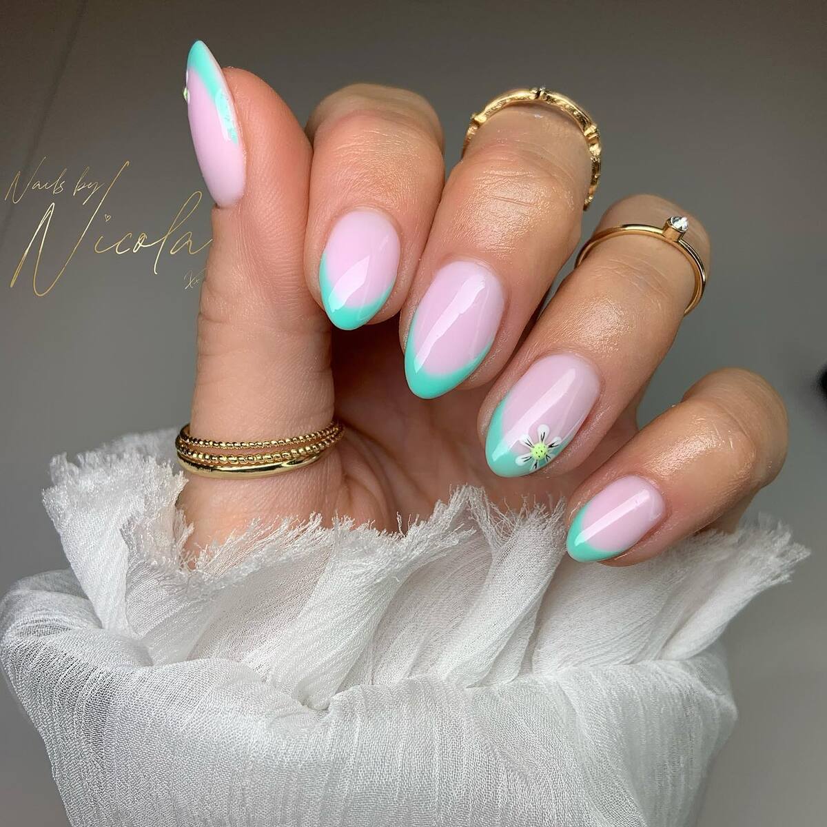 23. Mint French Tips with Minimal Daisy Art