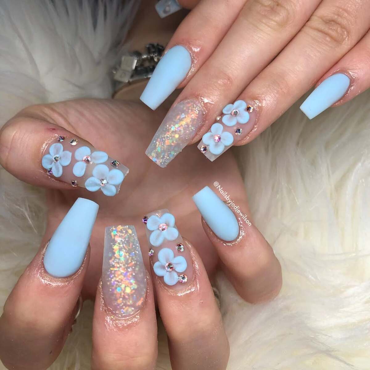 21. Baby Blue with Glitter and Floral Elegance