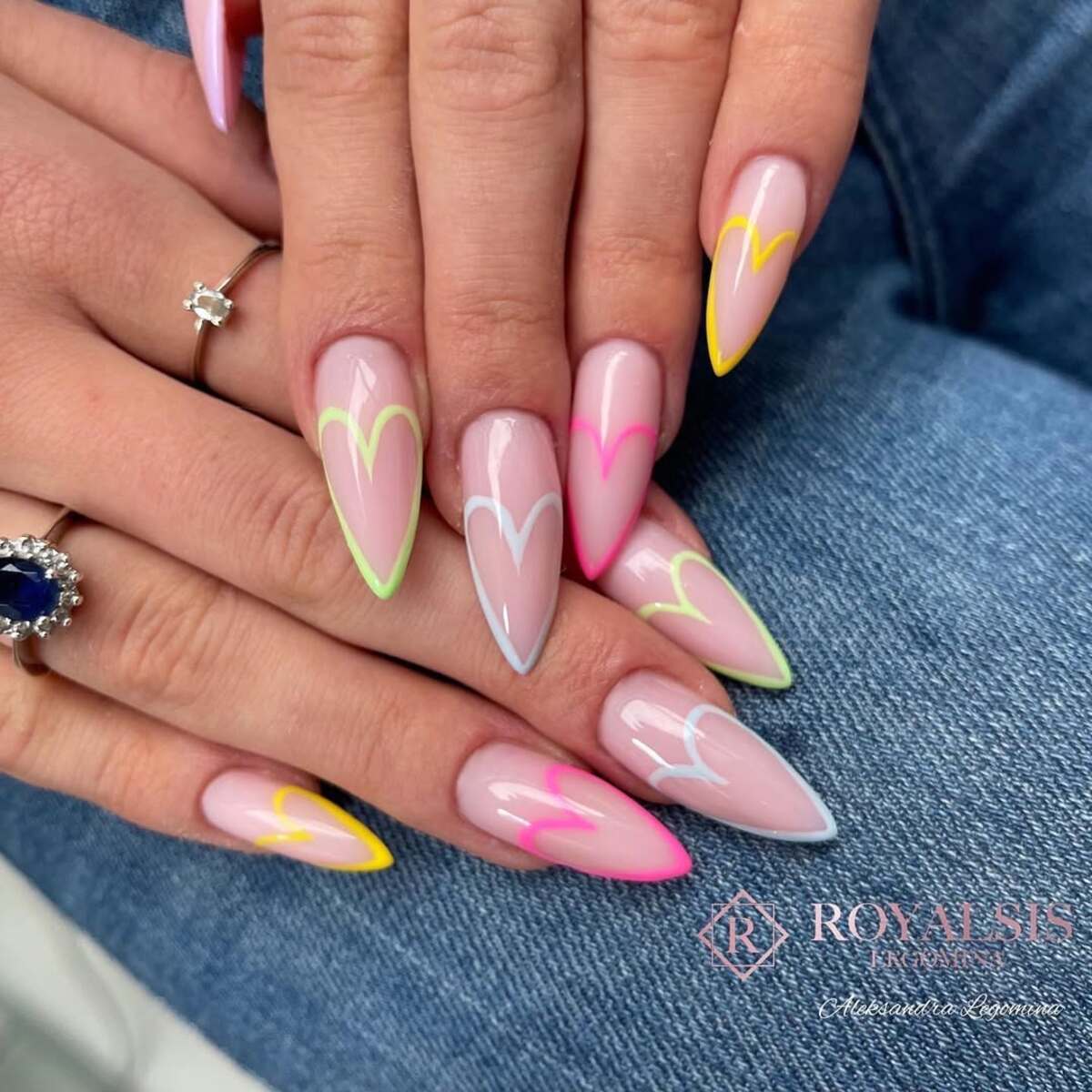 21. Neon Heart French Tips with a Playful Twist