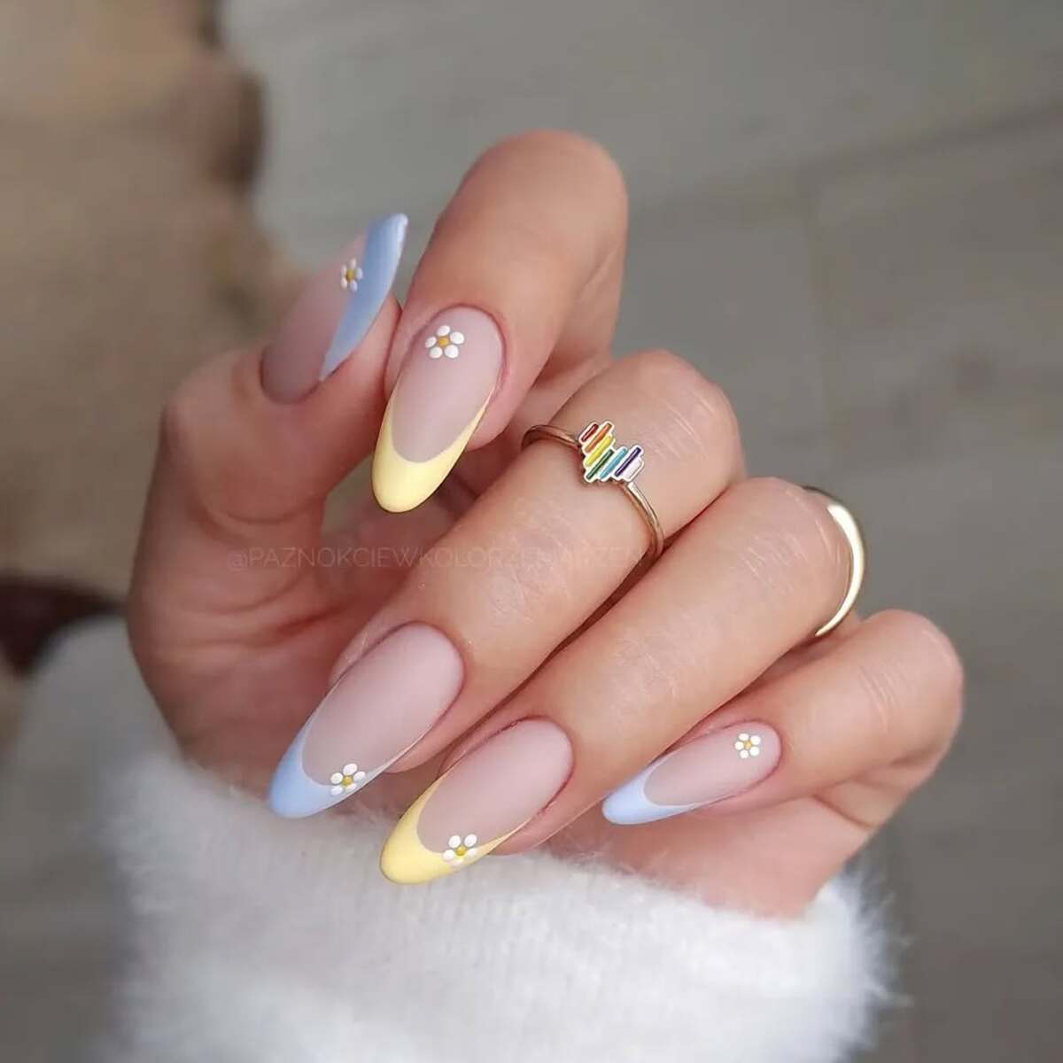 27. Yellow and Blue French Tips with Daisy Details