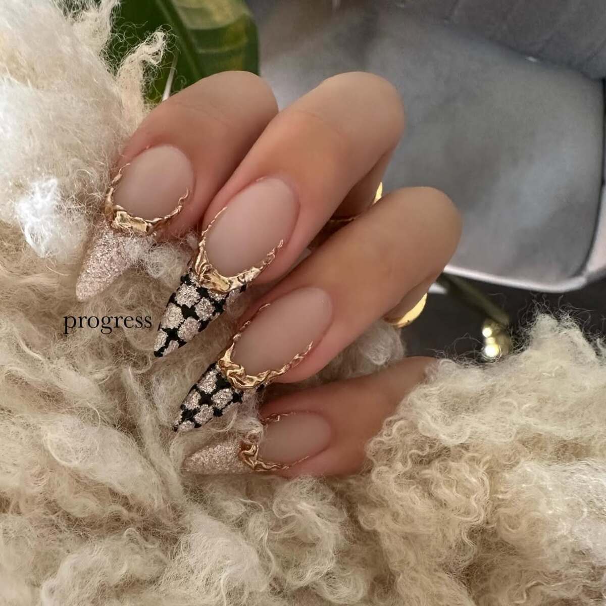 22. Textured French Tips with Gold Accents